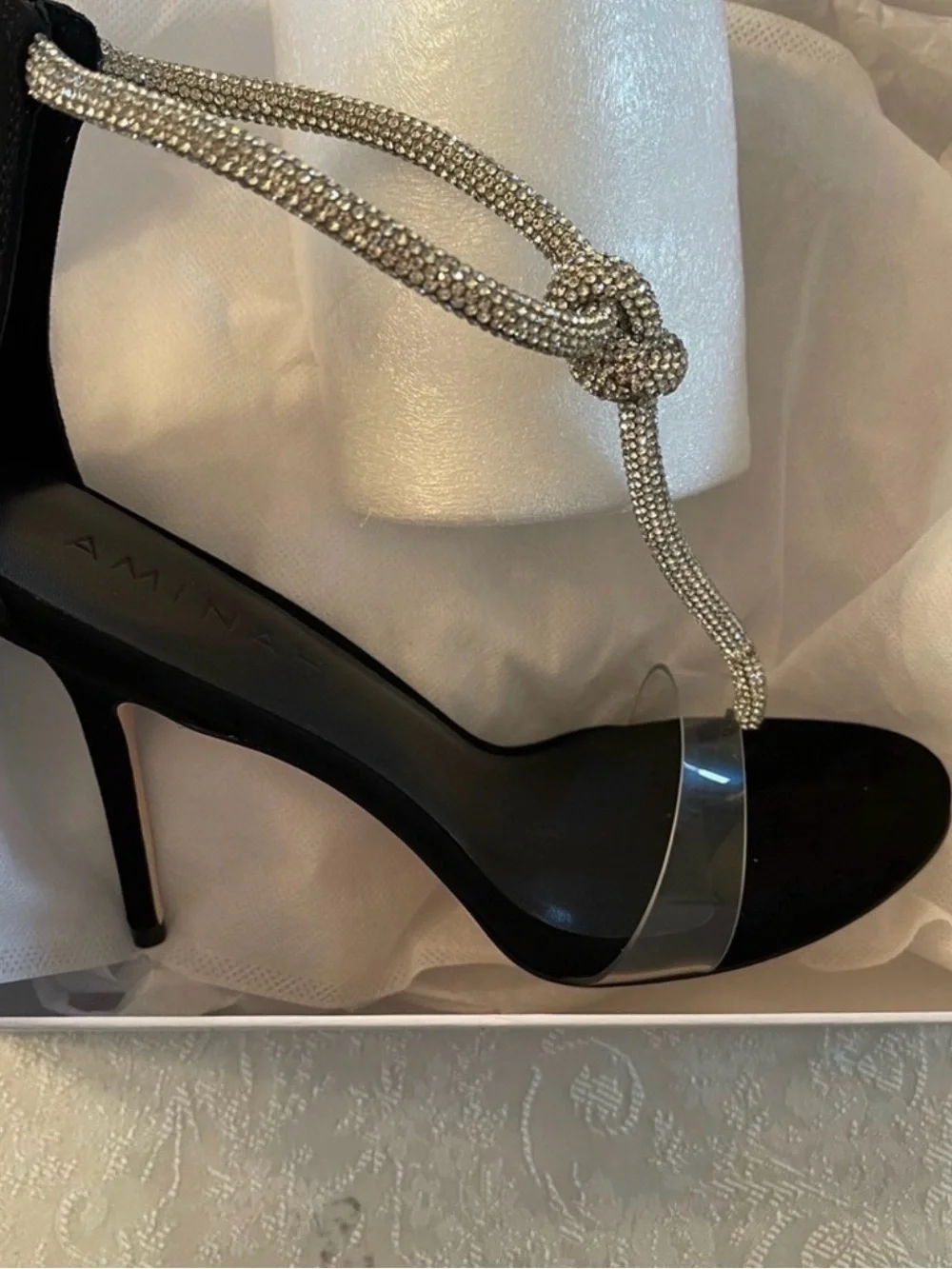 ‼️WOW‼️Amina Muaddi Black Satin Stiletto Sandals with Crystal Ankle Tie